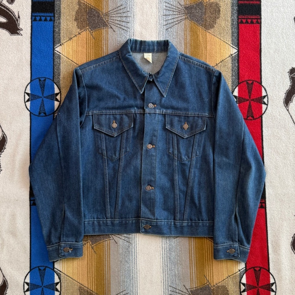Vintage JCPenney Denim Trucker Jacket Mens 44 Dark Wash Blue Cotton Jean Coat